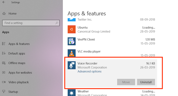 Odstranite aplikacijo za snemalnik zvoka v nastavitvah sistema Windows 10.