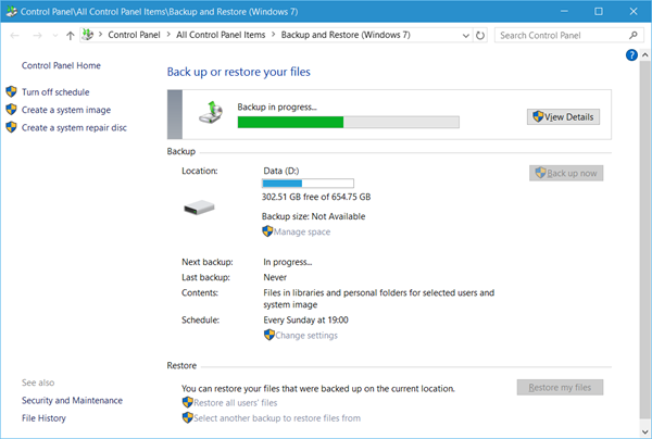 Настройте функцията за архивиране в Windows 10 6