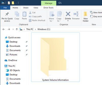 Dossier Informations sur le volume système dans Windows 10