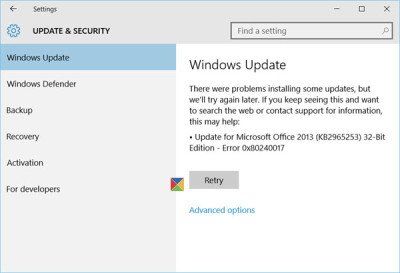 שגיאת Windows Update 0x80240017