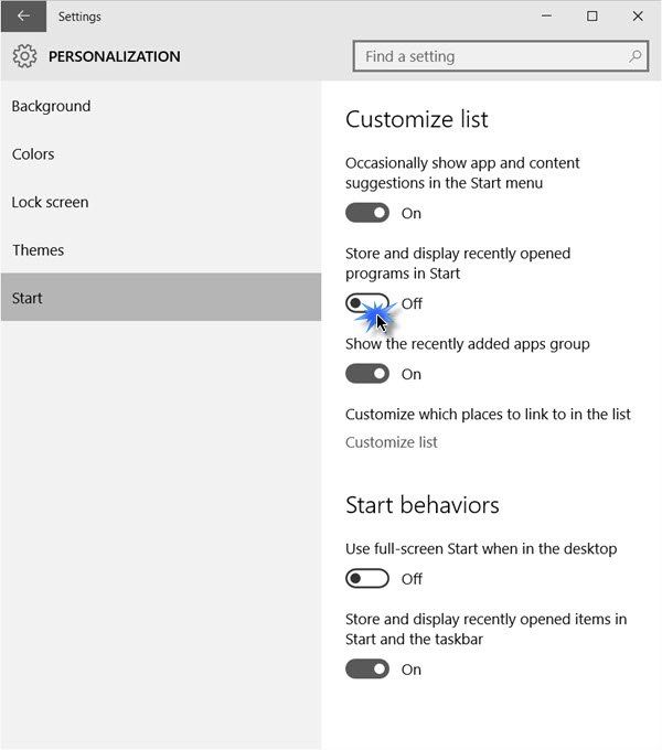 Eemaldage Windows 10 menüüst Start menüü Enim kasutatud nimekiri
