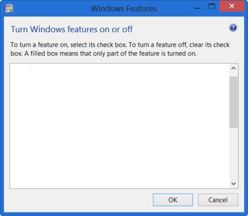 Aktivera eller inaktivera Windows-funktioner är tomt eller tomt