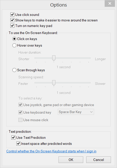 možnosti klávesnice na obrazovke