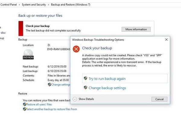 Error de copia de seguridad de Windows 0x81000019, no se pudo crear una instantánea
