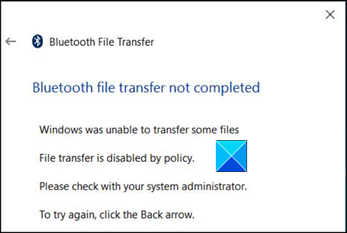 Bluetooth прехвърлянето на файлове не е завършено, Прехвърлянето на файлове е деактивирано от политиката