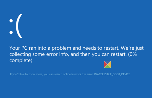 Erreur de périphérique de démarrage inaccessible dans Windows 10