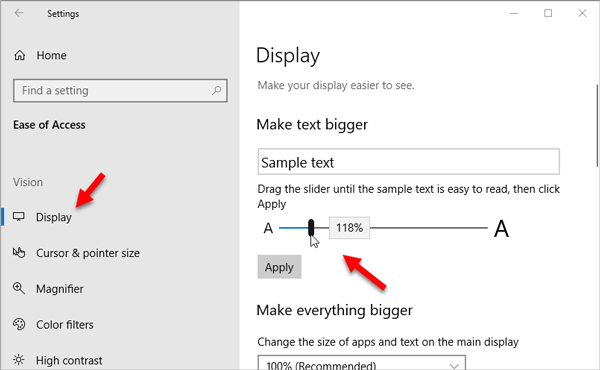 Augmentez la taille de la police et agrandissez le texte sous Windows 10