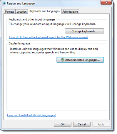 Keelepakettide installimine Windows 7-s
