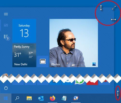 redimensionner le menu Démarrer et la barre des tâches dans Windows 10
