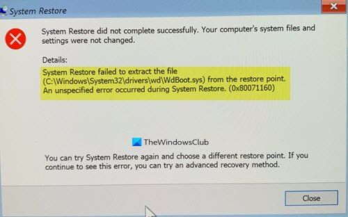 Pemulihan sistem gagal mengekstrak fail, ralat 0x80071160