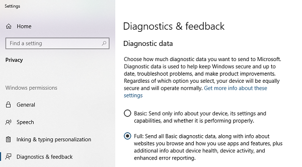 Активирайте пълните диагностични данни в Windows 10