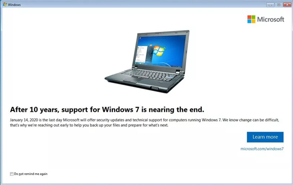 הודעות סוף התמיכה של Windows 7
