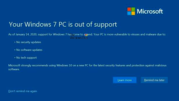 Comment désactiver ou arrêter la notification de fin de support de Windows 7