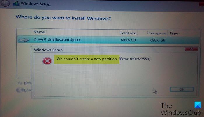 Det gick inte att skapa en ny partition under installationen av Windows.