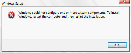 Windows ei saanud ühte või mitut süsteemikomponenti konfigureerida