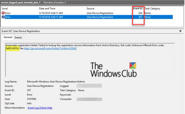 ایونٹ IDs 307 اور 304 ایک Windows 10 ڈیوائس پر ایرر کوڈ 0x801c001d کے ساتھ