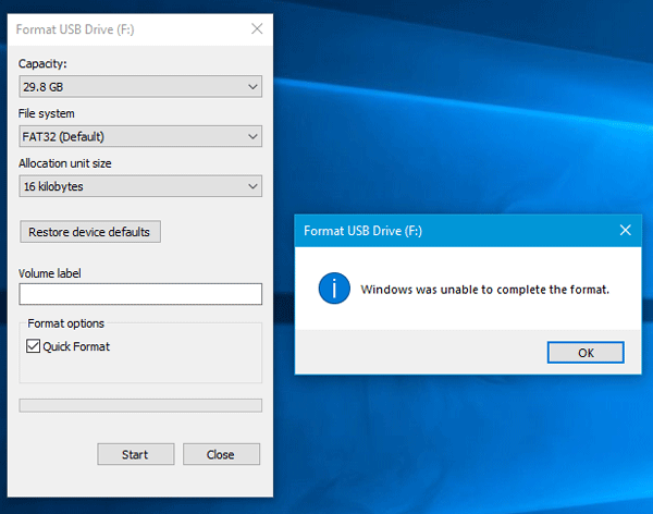 Windows ei pystynyt suorittamaan muotoa - SD-kortti, USB-asema, ulkoinen levy