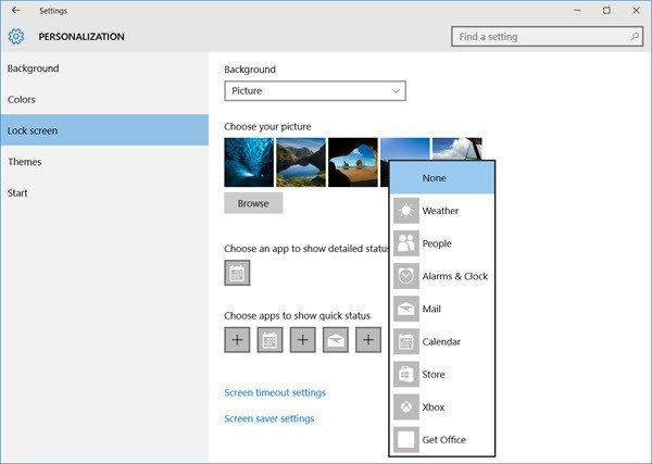 Elija aplicaciones para mostrar el estado rápido en la pantalla de bloqueo de Windows 10