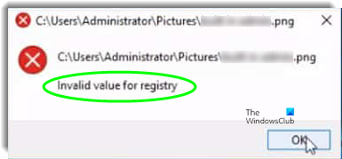 Valore non valido per errore di registro per JPG, PNG durante la visualizzazione di file immagine su Windows10