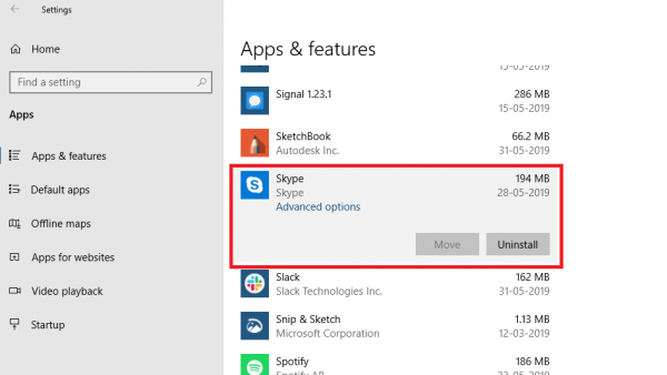 desinstallige skype rakendus Windows 10 seadetes