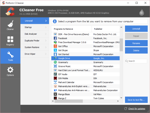 odinstaluj aplikacje Windows Store za pomocą CCleaner