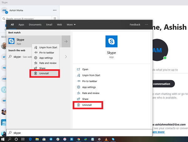 Как да деинсталирам приложението Skype в Windows 10