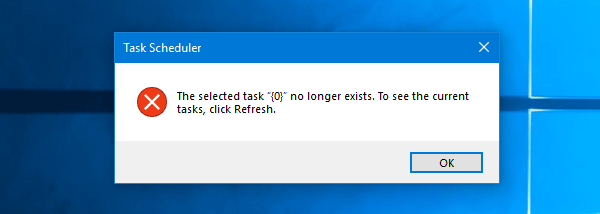 Atlasītais uzdevums “{0}” operētājsistēmas Windows 10 uzdevumu plānotājā vairs nepastāv.