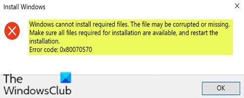 Windows ei voi asentaa vaadittuja tiedostoja, virhekoodi 0x80070570