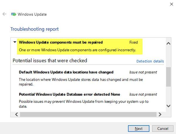Komponen Windows Update perlu dibaiki, satu atau lebih komponen Windows Update dikonfigurasikan secara tidak betul