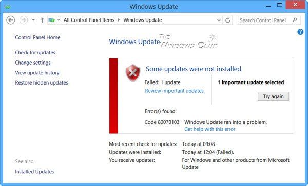 Codi d'error 80070103 Windows Update va tenir un problema