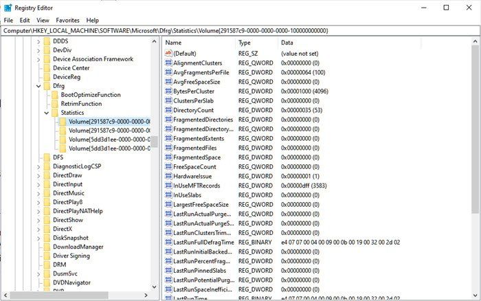 Dfrag आँकड़े कुंजी Windows 10