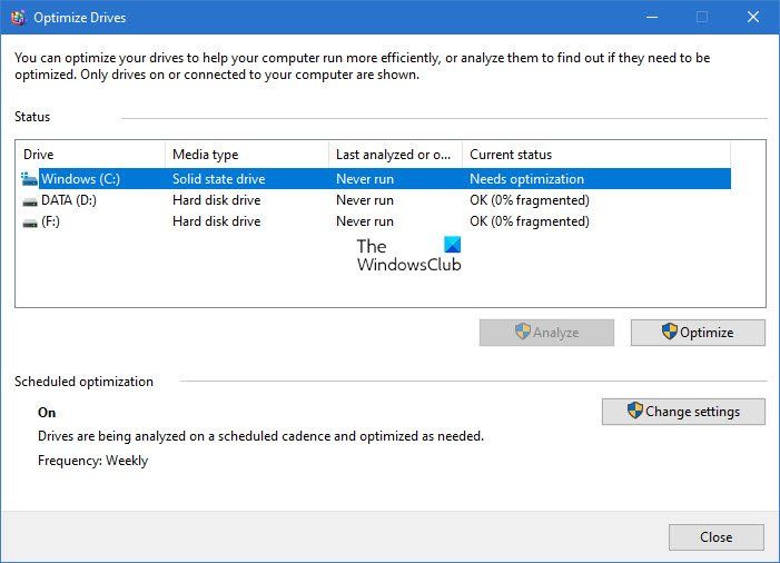La herramienta de optimización de disco muestra que nunca se ejecuta o que la optimización no está disponible en Windows 10