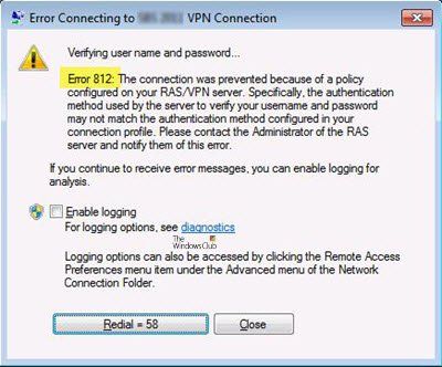 Napaka VPN 812, Povezava preprečena zaradi pravilnika, konfiguriranega na strežniku RAS / VPN