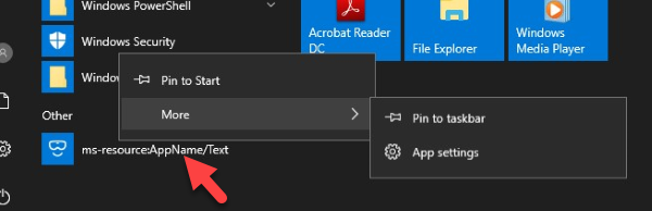 Изтриване на ms-ресурс: AppName / въвеждане на текст в менюто 'Старт' на Windows 10