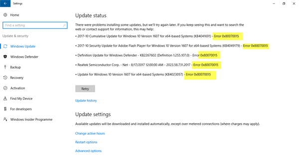 Erreur 0x80070015 pour Windows Update, Microsoft Store, Windows Defender