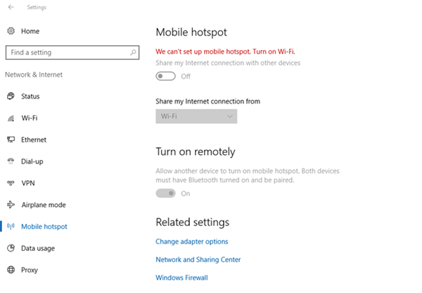 Mobile Hotspot ei toimi Windows 10: ssä