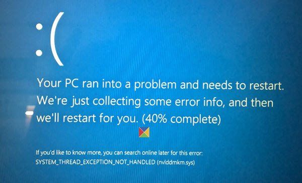 SYSTEM_THREAD_EXCEPTION_NOT_HANDLED (nviddmkm.sys, atikmpag.sys) Pantalla blava a Windows 10