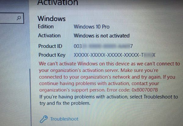 Me ei saa selles seadmes Windowsi aktiveerida, kuna me ei saa teie organisatsiooni serveriga ühendust luua