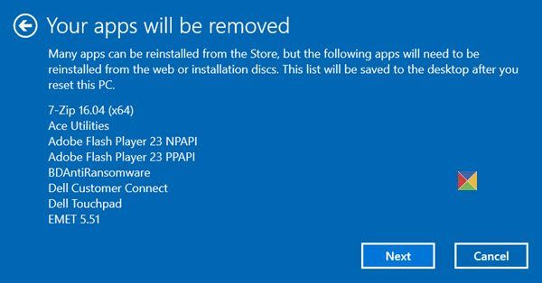 Réinitialiser Windows 10 Supprimer des applications
