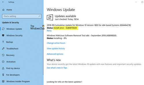 Chyba instalace Windows Update 0x80070020