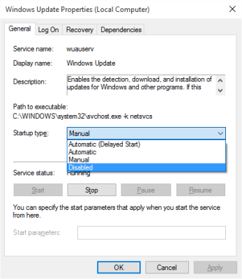 Fig 2 - Hindi pagpapagana ng Windows Update sa Windows 10