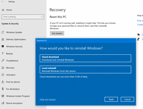 Kuidas Windows 10 uuesti installida või lähtestada pilve allalaadimise võimaluse kaudu