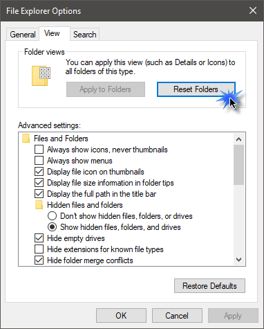 Windows 10లో ఫోల్డర్ వీక్షణను రీసెట్ చేయండి