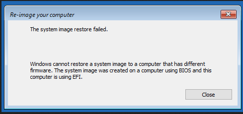 विंडोज एक कंप्यूटर पर एक सिस्टम छवि को पुनर्स्थापित नहीं कर सकता है जिसमें विभिन्न फर्मवेयर हैं