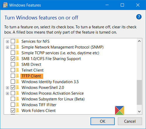 TFTP-kliendi lubamine Windows 10-s