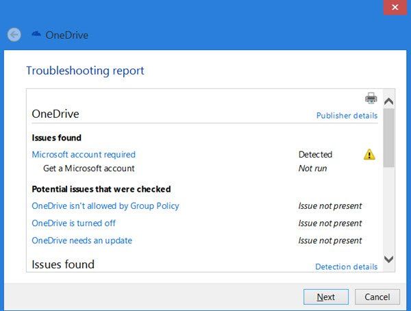 Outil de dépannage OneDrive pour PC Windows