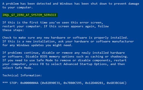 Erreur d'arrêt IRQL GT ZERO AT SYSTEM SERVICE sous Windows 10