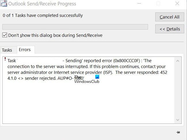 Envoi ou réception d'une erreur signalée 0x800CCC0F dans Outlook