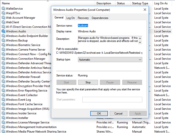 Reštartujte zvukové služby v systéme Windows 10