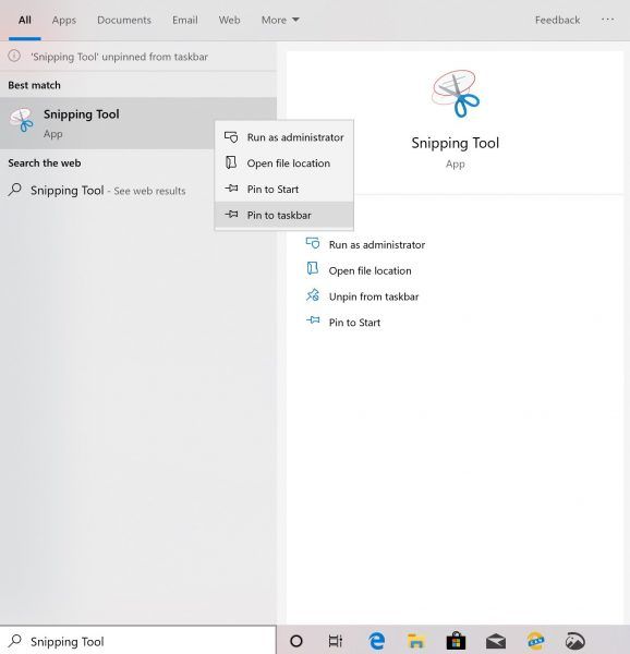 Kuidas saada tööriista Snipping Tool tegumiribale Windows 10-s
